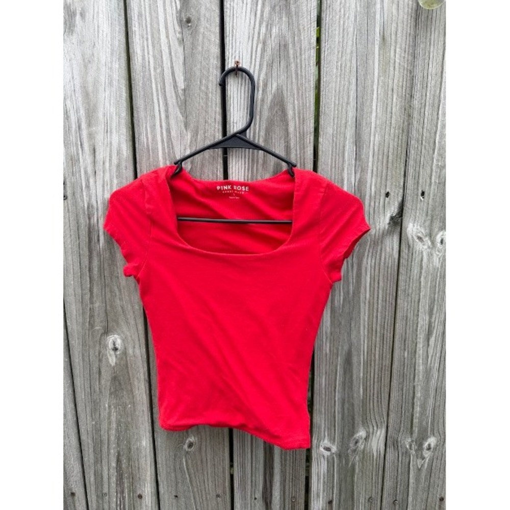 Coquette Balletcore Pink Rose Square Neck Top Small Red Short Sleeve Slim Fit